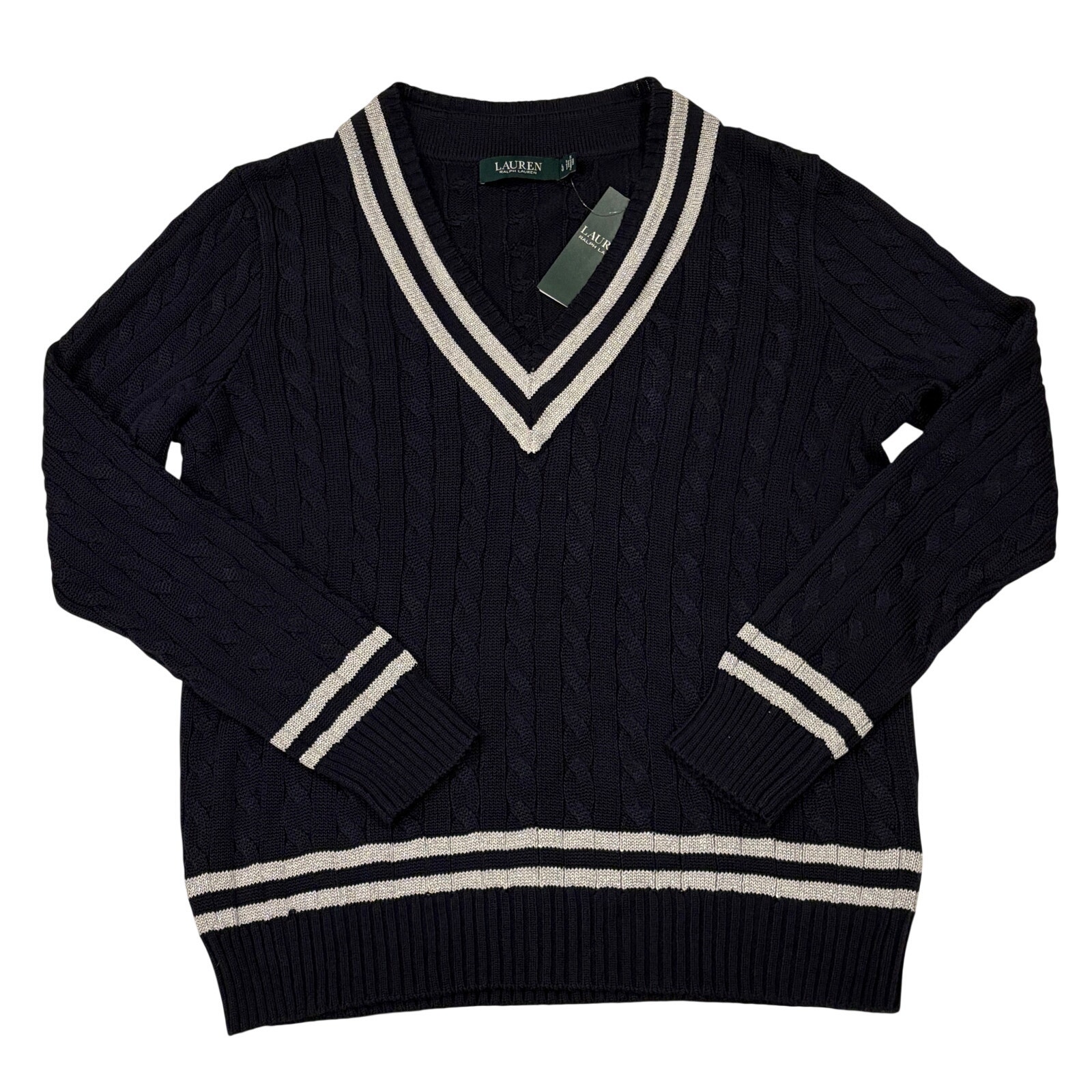 Lauren Ralph Lauren Cricket Tennis Sweater Womens Large Blue Silver Cable Knit